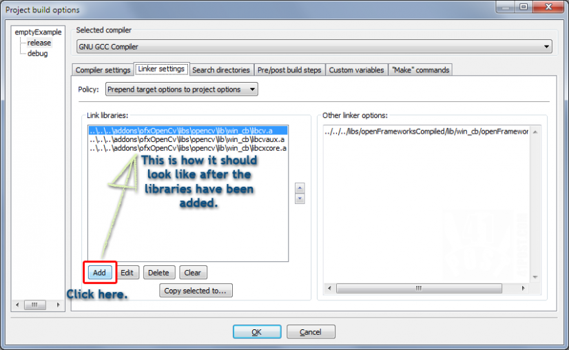 Linking OpenCV libraries image